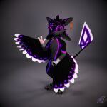 1:1 3_fingers 3_toes 3d_(artwork) 4_ears anthro avali bell bell_collar collar dark_body digital_media_(artwork) feathered_wings feathers feet fingers gesture hi_res male multi_ear niali_the_avali niali_the_avali_(character) purple_eyes solo spiri'vali standing toes waving waving_at_viewer wings