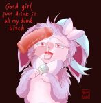 absurd_res ambiguous_gender anxiousfurball bell bell_collar bodily_fluids bow_ribbon chest_tuft collar cum cum_drip cum_in_mouth cum_inside cum_on_penis dirty_talk disembodied_penis dripping duo eeveelution ejaculation fangs feral fuwa_(anxiousfurball) generation_6_pokemon genital_fluids genitals hi_res human humanoid_genitalia humanoid_penis interspecies male male/ambiguous mammal nintendo open_mouth paw_pose paws penis pink_body pink_eyes pink_face pleading_eyes pokemon pokemon_(species) pokephilia pose purple_body ribbons sweat sweatdrop sweaty_genitalia sylveon teeth text tongue tongue_out tuft