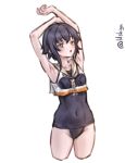  1girl absurdres armpits arms_up asymmetrical_hair black_hair black_one-piece_swimsuit brown_eyes brown_neckerchief commentary_request covered_navel cropped_legs framed_breasts highres i-14_(kancolle) kantai_collection lilshigu looking_at_viewer neckerchief old_school_swimsuit one-hour_drawing_challenge one-piece_swimsuit sailor_collar sailor_shirt school_swimsuit shirt short_hair sleeveless sleeveless_shirt solo stretching swimsuit swimsuit_under_clothes twitter_username white_sailor_collar 