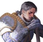  1boy armor arms_up breastplate brown_eyes character_request commentary elden_ring facial_hair gauntlets goatee grey_hair highres holding holding_weapon injury knight male_focus parted_hair pauldrons ponytail sgkg108 short_ponytail shoulder_armor simple_background solo sword thick_eyebrows upper_body weapon white_background 