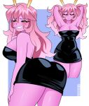 2026 absurd_res artist_name ashido_mina backless_dress bare_back bare_shoulders big_breasts big_butt black_clothing black_dress black_sclera blue_background blush border breasts butt cleavage clothed clothing dress eyes_closed female glistening glistening_body glistening_clothing glistening_dress glistening_skin grin hair hand_on_leg hand_on_thigh hands_behind_head hi_res horn horned_humanoid humanoid legs_together long_hair looking_at_viewer looking_back looking_back_at_viewer multiple_poses my_hero_academia navel_outline nico_neko not_furry orange_eyes pink_body pink_hair pink_skin portrait pose pupils quirked_human_(my_hero_academia) rear_view short_dress side_boob simple_background slit_pupils small_waist smile solo strapless_clothing strapless_dress text thick_thighs three-quarter_portrait twitter_handle white_border wide_hips