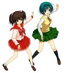  a1 blush brown_hair dancing green_eyes green_hair hairband long_sleeves multiple_girls pleated_skirt red_eyes school_uniform serafuku short_hair skirt to_heart_2 twintails yoshioka_chie yuzuhara_konomi 