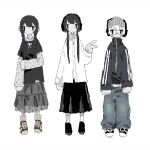  3girls beanie black_hair black_jacket black_shirt black_shoes black_skirt blue_pants braid brown_shoes collared_shirt denim expressionless full_body grey_hat grey_skirt hand_on_own_arm hat headphones highres jacket jeans layered_skirt layered_sleeves long_hair long_skirt long_sleeves loose_socks multiple_girls original oversized_clothes pants pigeon-toed polka_dot_sweater semi-rimless_eyewear shirt shoes short_over_long_sleeves short_sleeves simple_background skirt sleeves_past_wrists sneakers socks sweater track_jacket turtleneck turtleneck_sweater twin_braids twintails v w0_0ny_chloe white_background white_hair white_shirt white_socks white_sweater 