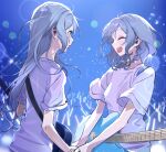  2girls absurdres aqua_hair bang_dream! bang_dream!_girls_band_party! blonde_hair commentary electric_guitar glowstick guitar highres hikawa_hina hikawa_sayo instrument long_hair medium_hair multiple_girls open_mouth penlight_(glowstick) shirt short_sleeves siblings sisters sweat twins white_shirt zihacheol 