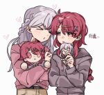  >_< 2girls bang_dream! bang_dream!_yumemita blush braid cardigan character_doll commentary doll grey_hair grey_hoodie half_up_braid heart hood hoodie long_hair miyanaga_nonoka miyanaga_nonoka_(real) multiple_girls pink_cardigan pink_eyes puckered_lips red_hair sengoku_yuno sengoku_yuno_(real) shatangju_(bokuto1463) simple_background translation_request upper_body white_background yuri 