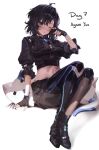  1girl ankle_boots ayase_yuu ayase_yuu_(1st_costume) belt belt_pouch black_belt black_boots black_eyes black_gloves black_hair black_pants black_shirt blue_eyes blue_streaks blush boots breast_pocket breasts cat character_name chest_harness chest_strap collared_shirt commentary crop_top cropped_shirt english_commentary english_text fingerless_gloves flower_tattoo full_body gloves hand_on_ground hand_on_own_face harness high_heel_boots high_heels highres knee_armor knee_pads large_breasts leaf_tattoo leather legs_together looking_at_viewer medium_hair messy_hair midriff mn374390 multicolored_hair navel one_eye_closed pants parted_lips phase_connect pocket pouch prosthesis prosthetic_leg shadow shirt simple_background single_knee_pad sitting sleepy stomach_tattoo streaked_hair tattoo underbust virtual_youtuber wispy_bangs yuunion_(ayase_yuu) 