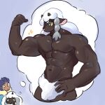 1:1 absurd_res anthro black_body black_eyes blue_background blue_hair bovid caprine dream duo flexing generation_8_pokemon hair hi_res male mammal muscular muscular_male nintendo pokemon pokemon_(species) pose sheep simple_background srtd_dirk white_hair wooloo yellow_eyes yellow_sclera
