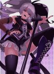  1girl absurdres arm_ribbon arm_strap arm_warmers armpits bandaged_arm bandages bare_shoulders black_hair black_nails black_ribbon boots collarbone commentary english_commentary flower_(vocaloid) flower_(vocaloid3) grey_hair hands_on_own_hips highres jacket knee_boots lace-up_boots lace-up_top layered_skirt long_hair looking_at_viewer microphone multicolored_hair n0_image open_mouth pink_eyes pointing pointing_up ponytail purple_boots purple_thighhighs ribbon shirt single_arm_warmer skirt sleeveless sleeveless_jacket sleeveless_shirt solo_focus thighhighs torn_clothes torn_skirt vest vocaloid wrist_straps zettai_ryouiki 