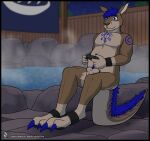 animal_genitalia black_border blue_eyes blue_hair border cloaca codyf0xx cuffs_(clothing) fluffy fluffy_tail fur genitals hair hot_spring kangaroo kangaroo_genitalia kangaroo_tail macropod mammal markings marsupial multicolored_body multicolored_fur onsen skoll_(skoll_theroo) tail water