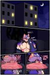 absurd_res anthro barazoku being_watched big_chest big_penis building canid canine canis comic comic_panel dialogue duo furniture genitals growling hi_res huge_penis hyena irrational looking_at_another lulkairo_(lulkayro) ly54ndr05 lysandros_(ly54ndr05) male male/male mammal muscular muscular_male penis size_difference sofa spotted_hyena vein veiny_penis werecreature werehyena wolf
