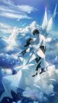  1boy 1girl above_clouds absurdres angel angel_wings aqua_hair bare_shoulders benelle bird black_hair black_pants black_shoes blue_sky brown_hair closed_eyes cloud cross cross_earrings dated detached_sleeves dress earrings feathered_wings flower_hairband hairband halo high-low_dress high_heels highres jewelry long_hair long_sleeves multicolored_hair open_mouth original pants ring scenery shirt shoes short_hair sky smile streaked_hair wedding_ring white_dress white_hairband white_shirt white_shoes white_wings wings 