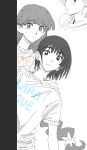  2girls behind_another black_eyes black_hair blush braid cowboy_shot english_text flower greyscale hair_flower hair_ornament hair_tie hands_on_another's_shoulders hbd_bday lara_(sayonara_lara) leaning_to_the_side long_hair matching_outfits monochrome multiple_girls multiple_views ootsu_mari sayonara_lara short_hair short_sleeves single_braid sweatdrop white_background worried yuri 