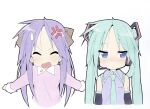  1girl anger_vein aqua_hair aqua_necktie asymmetrical_dual_wielding averting_eyes bare_shoulders black_ribbon blue_eyes blush closed_eyes closed_mouth collared_dress collared_shirt cosplay detached_sleeves dress dual_wielding grey_shirt hair_ornament hair_ribbon hatsune_miku hatsune_miku_(cosplay) headset highres hiiragi_kagami holding long_hair looking_to_the_side lucky_star multiple_girls necktie open_mouth outstretched_arms pink_dress purple_hair ribbon shiki_59 shirt simple_background sweatdrop twintails v-shaped_eyebrows very_long_hair vocaloid white_background white_wrist_cuffs wrist_cuffs 