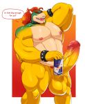anthro balls beverage big_balls big_penis border bowser bracelet cel_shading collar comparing energy_drink english_text erection eyebrows fangs genitals glans gradient_background hair hi_res horn huge_balls huge_penis jewelry koopa looking_at_viewer male mario_bros muscular muscular_male nintendo nipples nude pecs penis red_background red_eyebrows red_hair scalie shaded simple_background smug_face solo speech_bubble spiked_bracelet spiked_collar spikes stubble talking_to_viewer teeth text vein veiny_penis white_border yellow_body zala_mism