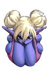 big_breasts blonde_hair blue_body bra breasts bulging_breasts cleavage clothed clothing digital_media_(artwork) ear_piercing female hair hi_res high-angle_view huge_breasts humanoid humanoid_pointy_ears league_of_legends lips oppmann ox_horns piercing pixel_(artwork) pointy_ears poppy_(lol) pouting pouting_lips red_eyes riot_games side_boob simple_background skindentation solo tencent tight_clothing underwear white_background yordle