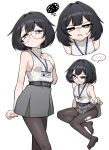  1girl :< arm_at_side bad_eyesight belt black-framed_eyewear black_belt black_hair black_pantyhose blush breasts bright_pupils brown_eyes clenched_hand closed_mouth clothes_lift commentary cowboy_shot cropped_torso double-parted_bangs expressionless fey_(whitepaper) full_body furrowed_brow glasses grey_skirt hair_flaps hair_intakes half-closed_eyes hand_on_own_chest highres id_card lanyard lifting_own_clothes looking_at_viewer multiple_views office_lady original pantyhose petite raised_inner_eyebrows ribbed_sweater round_eyewear short_hair sideboob simple_background skirt skirt_lift sleeveless sleeveless_sweater small_breasts spoken_blush squiggle sweatdrop sweater thick_eyelashes torn_clothes torn_pantyhose turtleneck turtleneck_sweater untranslatable_commentary white_background white_pupils white_sweater 