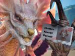 3d_(artwork) 4:3 ambiguous_gender beach blender_(artwork) blender_cycles_(artwork) blue_eyes blurred_background capcom claws day detailed_background digital_media_(artwork) english_text fangs feral fin fur hi_res holding_object id_card ivorylagiacrus leviathan_(mh) light looking_at_viewer mizutsune monster_fucker_permit monster_hunter multicolored_body multicolored_scales narrowed_eyes open_mouth outside pink_body pink_scales plant profanity pupils purple_body purple_fur red_pupils scales scalie sharp_teeth slit_pupils smile smiling_at_viewer smug solo squinted_eyes sunlight tail teeth text tongue tongue_out white_body white_scales yellow_tongue