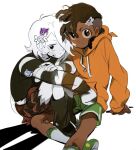  1boy 1girl arrcticc_fish brown_hair carrie_krueger colored_skin dark-skinned_male dark_skin darwin_watterson emoji ghost ghost_girl green_shoes hair_ornament hair_over_one_eye highres hood hoodie humanization orange_hoodie personification shirt shoes short_hair simple_background skirt skull_hair_ornament smile sticker the_amazing_world_of_gumball white_hair 