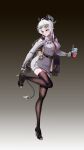  1girl absurdres adjusting_footwear black_horns black_jacket black_shoes black_thighhighs blush breasts closed_mouth clothing_cutout commentary_request cup curled_horns dress eyewear_on_head full_body gradient_background grey_dress high_heels highres holding holding_cup horns jacket jacket_on_shoulders large_breasts necktie official_alternate_costume puckkk red_eyes red_necktie shoes shoulder_cutout solo standing standing_on_one_leg sunglasses sweater sweater_dress tail thighhighs wuthering_waves zani_(downtown_repose)_(wuthering_waves) zani_(wuthering_waves) 