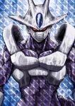  1boy absurdres alien armor blank_eyes blue_background blue_theme colored_sclera colored_skin commentary cooler_(dragon_ball) covered_mouth dragon_ball dragon_ball_z exoskeleton final_form_cooler_(dragon_ball) forehead_jewel glowing glowing_eyes highres looking_at_viewer male_focus mask matsubara_toshi mouth_mask muscular muscular_male navel no_pupils purple_skin rain red_eyes red_sclera solid_eyes solo third-party_source untranslatable_commentary wet wet_face white_skin 