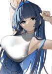  1girl absurdres armpits black_hair blue_eyes blue_hair blunt_bangs blush breasts colored_inner_hair denim hair_intakes high-waist_pants highres hololive hololive_english jeans large_breasts long_hair looking_at_viewer multicolored_hair official_alternate_costume official_alternate_hairstyle ouro_kronii ouro_kronii_(casual) pants shirt solo sweater sweater_tucked_in thomas_8000 turtleneck virtual_youtuber white_shirt white_sweater 