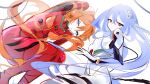  2girls absurdres alternate_hair_length_(longer) alternate_hairstyle ayanami_rei blue_eyes blue_hair bodysuit closed_mouth commentary dot_mouth english_commentary hair_between_eyes highres interface_headset_(evangelion) leiuvw long_hair looking_at_viewer mecha_pilot_suit multiple_girls neon_genesis_evangelion orange_hair plugsuit_(evangelion) red_bodysuit red_eyes souryuu_asuka_langley very_long_hair white_bodysuit 