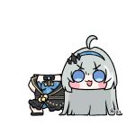  2girls :3 :d black_jacket black_shoes blue_eyes blue_skirt breasts character_request commentary_request cosplay green_eyes grey_hair hair_between_eyes hair_ornament jacket korean_commentary long_hair medium_breasts multiple_girls open_mouth rrayd_216 shoes simple_background skirt smile standing stella_sora very_long_hair white_background 