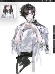  1boy absurdres arknights art_program_in_frame black_hairband brown_hair chinese_commentary commentary_request genderswap genderswap_(ftm) hairband hands_up highres id_card lab_coat looking_at_viewer parted_bangs parted_lips priestess_(arknights) sketch smile solo sweater upper_body white_sweater yi_zhi_ri 