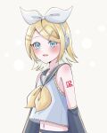  1girl absurdres belt black_sailor_collar black_shorts black_sleeves blonde_hair blue_eyes bow breasts commentary detached_sleeves hair_bow hair_ornament hairclip headphones headset highres kagamine_rin midriff navel neckerchief number_tattoo open_mouth parallel_hairclips sailor_collar shirt short_hair shorts simple_background sleeveless sleeveless_shirt small_breasts tattoo treble_clef tsukiframe untranslatable_commentary upper_body vocaloid white_bow white_shirt yellow_belt yellow_neckerchief yellow_trim 
