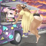 absurd_res anthro blowing_bubble_gum breasts brown_body brown_fur brown_hair buckteeth butt cleavage clothed clothing collared_shirt commercial_vehicle deer delivery_(commerce) delivery_vehicle dewclaw_hooves dress dullvivid duo eyewear female female_anthro fiona_fawnbags_(dullvivid) food_truck fur glasses hair hat headgear headwear hi_res holding_eyewear holding_glasses holding_object hooves kimberly_(dullvivid) mammal markings medium_truck mouse mousemallow multi-stop_van murid murine narrowed_eyes new_world_deer panties pink_hair polo_shirt rodent shirt spots spotted_body spotted_fur spotted_markings sundress tan_spots teeth topwear truck underwear van vehicle visor_cap white-tailed_deer white_body white_fur