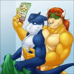 anthro bandai_namco barbell_piercing blue_body bowser_koopa_junior_(roommates) digimon digimon_(species) duo ear_piercing facial_piercing flamedramon giancarlo_rosato hair hasbro horn koopa male male/male mario_bros multicolored_body muscular muscular_male nintendo nipple_barbell nipple_piercing nipples nose_piercing nose_ring nude piercing red_hair ring_piercing roommates_(comic) scalie septum_piercing septum_ring smile stonecircle tail two_tone_body white_body yellow_body
