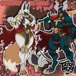 1:1 2026 3_toes 4_fingers abstract_background anthro armor artist_name biped body_armor breasts brown_body brown_fur cape claws clothed clothed_anthro clothed_female clothed_male clothing colored digital_media_(artwork) digitigrade dipstick_tail duo eevee feet female fingers fist fluffy fluffy_tail front_view frown fur generation_1_pokemon generation_2_pokemon headgear helmet hi_res holding_melee_weapon holding_object holding_sword holding_weapon horn houndoom humanoid_hands knight knight_armor looking_at_viewer male markings medium_breasts melee_weapon midriff nintendo outline pokemon pokemon_(species) pose red_eyes serious_face small_waist standing sword tail tail_markings tan_body tan_fur tattoorexy text toe_claws toes warrior weapon white_outline wide_hips