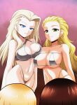  4girls absurdres asymmetrical_docking bare_shoulders bikini blonde_hair blue_eyes breast_press breasts clara_(girls_und_panzer) closed_mouth commentary_request girls_und_panzer green_eyes highres kamishima_kanon long_hair multiple_girls navel parted_lips sasaki_akebi smile swimsuit 