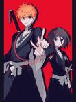  >:) 1boy 1girl anniversary black_hair black_hakama black_kimono bleach brown_eyes chain copyright_name double-parted_bangs drop_shadow eyes_visible_through_hair feet_out_of_frame foreshortening g_ieep hair_between_eyes hakama highres index_finger_raised japanese_clothes katana kimono kuchiki_rukia kurosaki_ichigo long_sleeves orange_hair outstretched_arm pillarboxed purple_eyes red_background sash short_hair simple_background spiked_hair standing straight_hair sword sword_on_back tsurime v v-shaped_eyebrows weapon weapon_on_back white_sash wide_sleeves zangetsu_(shikai) 