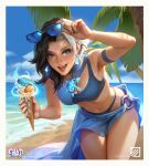  1girl absurdres artist_logo ayran_oberto beach bikini black_hair blue_bikini blue_eyes blue_nails copyright_logo copyright_name copyright_notice cropped_legs cryokinesis dardo_studios felix_caron filip_gavrilovic green_eyes heterochromia highres jewelry logo luna_snow marvel marvel_snap multicolored_hair navel necklace official_art open_mouth palm_tree sand short_hair solo split-color_hair sunglasses swimsuit tiger_division tree two-tone_hair unworn_eyewear web_address white_hair xinyue_li 