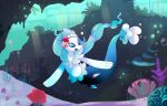 14:9 anthozoan aquatic asterozoan blue_eyes blue_hair bubble cnidarian coral detailed_background digital_media_(artwork) e-01 echinoderm female feral floating flower_on_head generation_7_pokemon hair hi_res long_hair mammal multicolored_body nintendo pink_nose pinniped pokemon pokemon_(species) primarina sand sea seabed seashell shell smile solo starfish swimming tail underwater water white_body