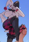 4_toes absurd_res anthro balls barefoot black_body black_fur black_nose bodily_fluids breasts cheek_tuft claws dupin_(pal) erection eyelashes facial_tuft fangs featureless_breasts feet female female_on_human foot_fetish foot_focus foot_play footjob fur genital_fluids genitals glans heart_symbol hi_res human human_on_anthro interspecies jester lagomorph leporid looking_at_viewer looking_down looking_down_at_viewer low-angle_view male male/female male_on_anthro mammal markings multicolored_body multicolored_fur neck_tuft offscreen_male open_mouth open_smile pal_(species) palmorph palworld pawpads paws penile penis plantigrade pocketpair precum rabbit red_markings rz54 sex short_tail simple_background smile smiling_at_viewer soles tail teeth toes tuft white_body white_fur yellow_eyes yellow_markings