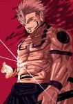  1boy abs absurdres arm_tattoo chest_tattoo extra_arms extra_eyes extra_mouth facial_tattoo highres jujutsu_kaisen large_pectorals muscular muscular_male neck_tattoo open_mouth pectorals pink_hair red_eyes ryoumen_sukuna_(jujutsu_kaisen) ryoumen_sukuna_(true_form)_(jujutsu_kaisen) short_hair smile solo tattoo vroom622226 