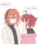  ... 2girls a.i._voice adachi_rei ahoge averting_eyes black_shirt blush drill_hair english_text hair_ornament hair_ribbon hairclip headphones heroine_re_quest highres jacket kasane_teto looking_at_another lutra11_11 multiple_girls off-shoulder_shirt off_shoulder orange_eyes orange_hair pink_shirt ribbon shirt simple_background small_sweatdrop sparkle speech_bubble spoken_ellipsis tearing_up thought_bubble turtleneck twin_drills upper_body utau white_background white_jacket white_ribbon yuri 