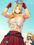  2girls abs absurdres akemi_(blue_archive) arms_up biceps blonde_hair blue_archive chest_sarashi fingerless_gloves gloves halo highres mask mouth_mask multiple_girls muscular muscular_female obliques red_gloves red_halo red_skirt sarashi skirt sparkeyjinjin sukeban_(mg)_(blue_archive) veins veiny_arms wardrobe_malfunction 