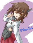 1girl breasts brown_eyes brown_hair commentary_request corset elehime grey_corset hand_up headgear highres kantai_collection long_sleeves looking_at_viewer looking_to_the_side medium_hair one-hour_drawing_challenge open_mouth pleated_skirt purple_background red_skirt shirt skirt small_breasts smile solo taihou_(kancolle) upper_body white_shirt 