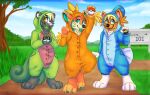 2014 ambiguous_gender animal_onesie anthro applepup barefoot black_nose blep blonde_hair blue_sky canid canine canis claws clothed clothing cloud cosplay day detailed_background digital_drawing_(artwork) digital_media_(artwork) digitigrade domestic_dog eyewear feet fully_clothed fur generation_3_pokemon glasses grass green_eyes green_tongue grey_body grey_fur group hair herding_dog hindpaw holding_object holding_pokeball husky inner_ear_fluff luxury_ball mammal mango_(mangoswirls) mephitid mixed_breed mudkip nintendo nordic_sled_dog on_one_leg onesie open_mouth open_smile orange_body orange_fur outside pastoral_dog paws pembroke_welsh_corgi pink_inner_ear pink_nose plant pokeball pokemon pokemon_(species) raised_arm rectangular_glasses route shaded siberian_husky sign skunk sky smile snout soft_shading spitz standard_pokeball standing tan_body tan_fur tan_inner_ear_fluff teal_claws teal_eyes teal_inner_ear teal_tongue tongue tongue_out torchic tree treecko trio tuft ultra_ball wearing_glasses welsh_corgi