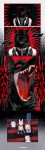 2026 absurd_res anthro black_body black_fur black_nose canid canine canis clothing collar comic dialogue english_text fangs fur glowing glowing_eyes group hi_res kemono laugh leash leashed_collar luoluokun male mammal moth_(luoluokun) open_mouth pointy_ears red_eyes speech_bubble teeth text theater topwear vest wolf