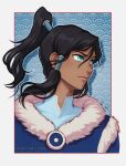  1girl artist_name avatar_legends blue_coat blue_eyes blue_shirt brown_hair coat dark-skinned_female dark_skin fur-trimmed_coat fur_trim hair_tubes highres iahfy korra long_hair shirt the_legend_of_korra topknot undershirt 
