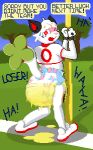 anthro arms_tied bdsm big_diaper black_ears blue_sky blush blushing_profusely bodily_fluids bondage bound bullying clothed clothing clover_(plant) clover_leaf crop_top dialogue diaper digital_media_(artwork) embarrassed embarrassed_expression english_text exposed_diaper felid feline footwear four_leaf_clover genital_fluids grass haha hi_res humiliation laugh laughing_at laughing_at_another leaf leaking_diaper looking_at_another looking_back looking_back_at_another loser luster_(luckyluster) male mammal multicolored_clothing multicolored_crop_top multicolored_diaper multicolored_footwear multicolored_shirt multicolored_shoes multicolored_topwear offscreen_character open_mouth outside pantsless pantsless_anthro pantsless_male pattern_diaper peeing peeing_in_diaper pixel_(artwork) pixxystick plant pole public public_diaper_use public_exposure public_humiliation public_urination public_wetting red_eyes red_inner_ear restraints rope rope_bondage shadow shirt shoes sky solo speech_bubble talking_to_another teasing text tied_to_pole topwear tree unclean_diaper uniform uniformed_male urine urine_drip urine_puddle used_diaper using_diaper wet_diaper wetting wetting_diaper white_body