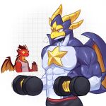 1:1 absurd_res anthro bodily_fluids breath dragon dragon_city drooling duo exercise flexing geometric_background grid_background hi_res high_star_dragon_(dragon_city) looking_at_another male muscular muscular_male mythological_creature mythological_scalie mythology pattern_background pecs saliva scalie simple_background srtd_dirk weightlifting workout
