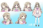  1girl 9-nine- :d =_= ^_^ anime_coloring arms_at_sides belt blue_background blue_eyes blush bow brown_hair brown_shoes buttons cardigan character_name chest_bow closed_eyes closed_mouth commentary cropped_torso double-breasted dress flying_sweatdrops frown full_body gear_hair_ornament grey_belt hair_between_eyes hair_ornament hakusen_academy_school_uniform highres jitome kujou_miyako loafers long_hair looking_at_viewer looking_up multiple_expressions multiple_views o_o ojin open_cardigan open_clothes open_mouth pink_bow pink_cardigan pleated_dress rectangular_mouth school_uniform shoes short_dress sidelocks simple_background smile split_mouth standing star_(symbol) star_print straight-on thighhighs triangle_mouth two-tone_background upper_body v-shaped_eyebrows very_long_hair wavy_hair white_background white_dress white_thighhighs wing_hair_ornament zettai_ryouiki 