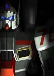  assault_visor black_background blue_assault_visor commentary dark f70_cannon_gundam gundam gundam_f90 highres hiwa_industry mecha mecha_focus mobile_suit no_humans robot science_fiction shoulder_cannon simple_background solo upper_body watermark 