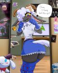 4:5 absurd_res adventure_time anthro armwear blue_clothing blue_eyes blue_footwear blue_gloves blue_handwear blue_socks bovid butt butt_focus caprine cartoon_network chair chrispy clothed clothed_male clothing computer_monitor english_text femboy flat_screen_monitor floor footwear fur furniture glitch_productions gloves grey_body hair halo_(series) handwear hi_res horizontal_pupils horn humanoid inside male mammal microsoft mottitax murder_drones office_chair princess_bubblegum pupils sheep socks solo speech_bubble tail text the_living_tombstone_(music) white_body white_clothing white_fur white_hair white_tail wood wood_floor xbox_game_studios