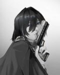  1girl artist_request black_hair breasts colored_inner_hair gloves greyscale gun hair_intakes handgun highres hololive hololive_english jacket long_hair looking_at_viewer monochrome multicolored_hair multiple_girls necktie official_alternate_costume official_alternate_hairstyle ouro_kronii ouro_kronii_(4th_costume) shirt simple_background siwknpp solo trigger_discipline virtual_youtuber weapon 